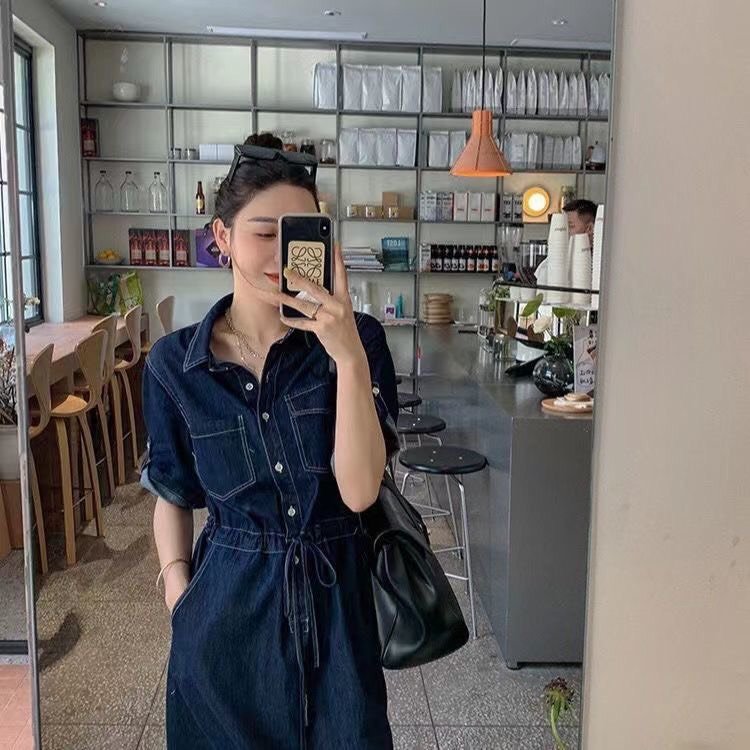 ĐẦM JEAN XÒE CỔ SƠ MI EO RÚT - NJ220